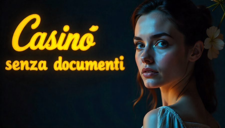 bella ragazza italiana con scritta “Casinò senza documenti” sullo sfondo